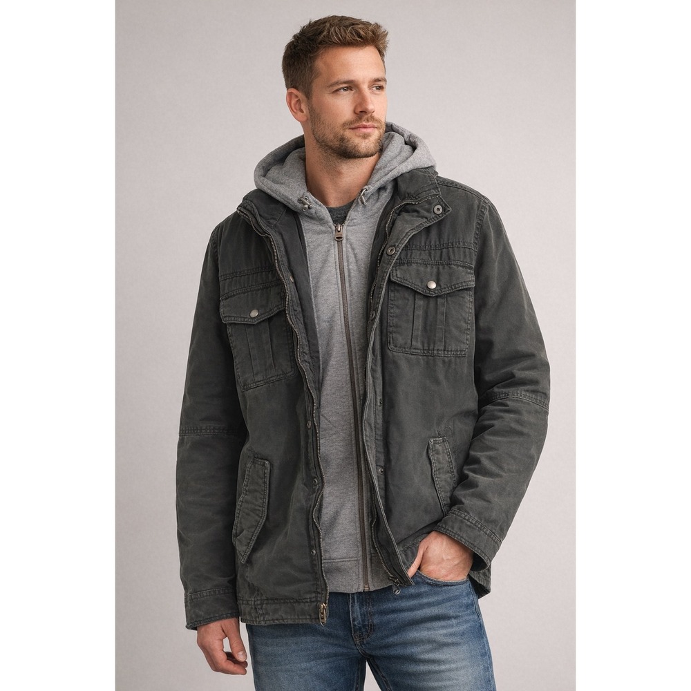 Levis Mens XXL Washed Black Canvas Jacket Hooded Sherpa Lined Military Coat